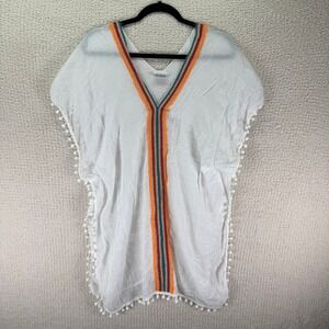 Lulla Collection Cover-Up‎ Pom Pom Trim V-Neck Beach Resort Wear White